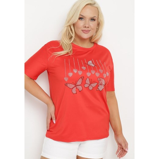 Czerwony T-shirt z Ozdobnym Nadrukiem i Cyrkoniami Moariss ze sklepu Born2be Odzież w kategorii Bluzki damskie - zdjęcie 172610886