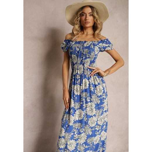 Niebiesko-Biała Wiskozowa Sukienka Hiszpanka z Marszczoną Górą Zimbia ze sklepu Renee odzież w kategorii Sukienki - zdjęcie 172611047