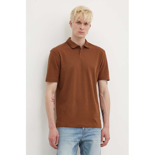 HUGO polo bawełniane kolor brązowy gładki ze sklepu ANSWEAR.com w kategorii T-shirty męskie - zdjęcie 172619258