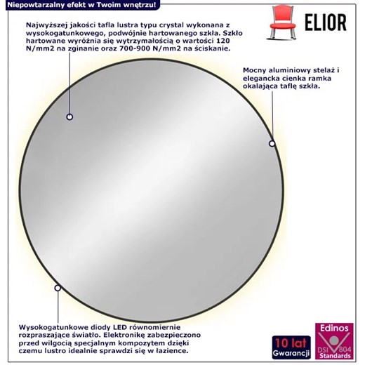 Czarne lustro w metalowej okrągłej ramie led - Krega 6 rozmiarów Elior One Size Edinos.pl