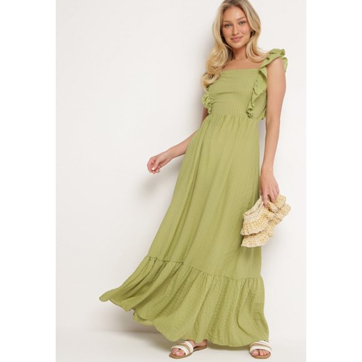 Zielona Sukienka na Ramiączkach z Falbankami i Gumką w Talii z Wiązaniem na Plecach Tiolla ze sklepu Born2be Odzież w kategorii Sukienki - zdjęcie 172625296
