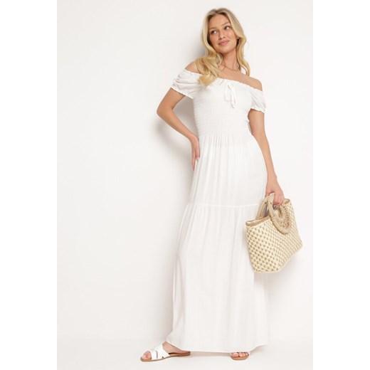 Biała Wiskozowa Sukienka Typu Hiszpanka z Marszczoną Górą Moalle ze sklepu Born2be Odzież w kategorii Sukienki - zdjęcie 172625317