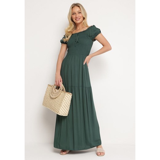 Zielona Wiskozowa Sukienka Typu Hiszpanka z Marszczoną Górą Moalle ze sklepu Born2be Odzież w kategorii Sukienki - zdjęcie 172625345