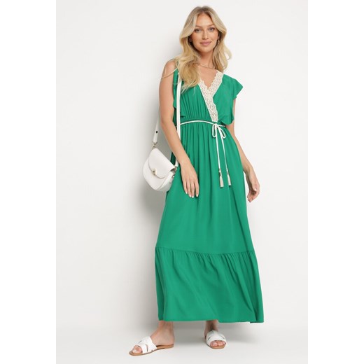 Zielona Kopertowa Sukienka z Bawełny i z Wiskozą z Gumką w Talii i Przeplatanym L Born2be Odzież