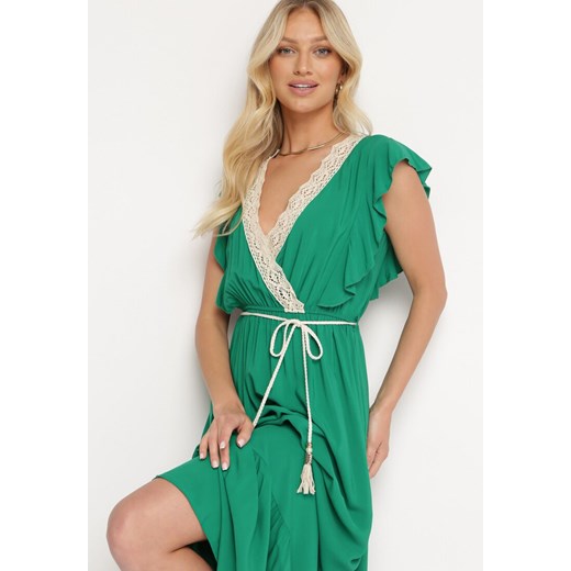 Zielona Kopertowa Sukienka z Bawełny i z Wiskozą z Gumką w Talii i Przeplatanym M Born2be Odzież