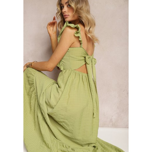 Zielona Sukienka z Wiązaniem na Plecach na Ramiączkach z Falbankami i Gumką w Pasie Rollas ze sklepu Renee odzież w kategorii Sukienki - zdjęcie 172625737