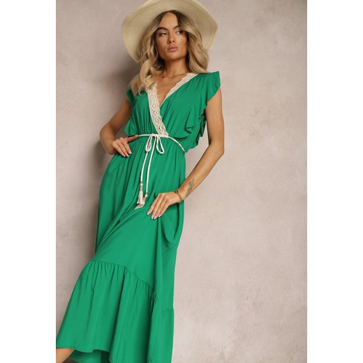 Zielona Bawełniana Sukienka z Wiskozą z Kopertowym Dekoltem z Gumką i Sznurkiem Renee L Renee odzież wyprzedaż