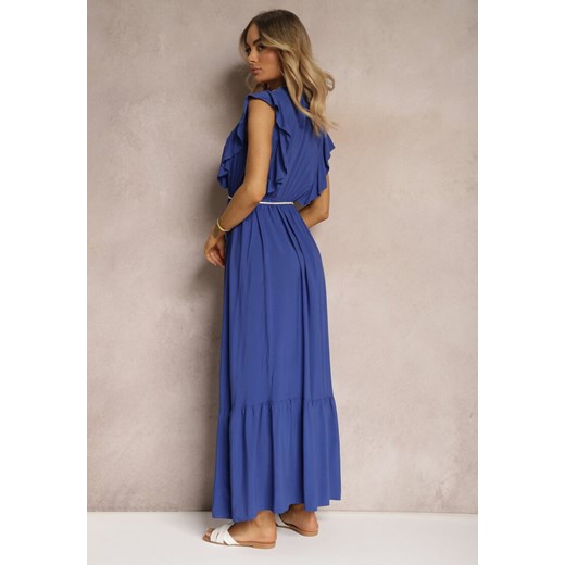 Sukienka Renee na wiosnę z krótkim rękawem niebieska maxi z bawełny 