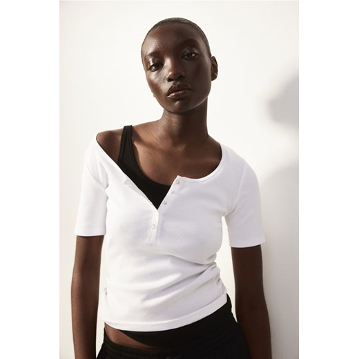 H & M - Top henley w prążki - Biały ze sklepu H&M w kategorii Bluzki damskie - zdjęcie 172631428