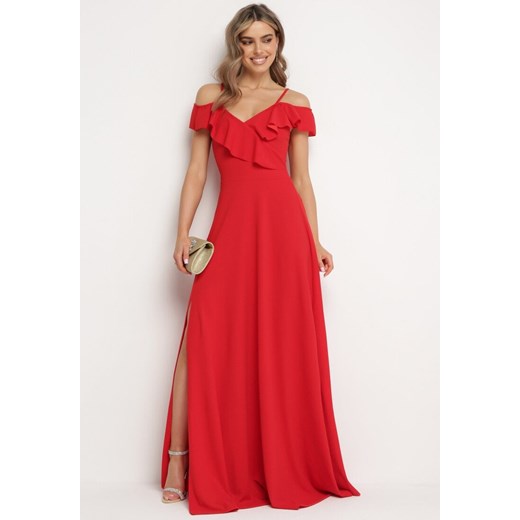 Czerwona Koktajlowa Sukienka na Ramiączkach z Falbankami i Rozcięciem Waterlily ze sklepu Born2be Odzież w kategorii Sukienki - zdjęcie 172634717