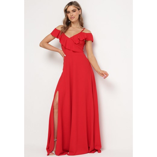Czerwona Koktajlowa Sukienka na Ramiączkach z Falbankami i Rozcięciem Waterlily M promocyjna cena Born2be Odzież