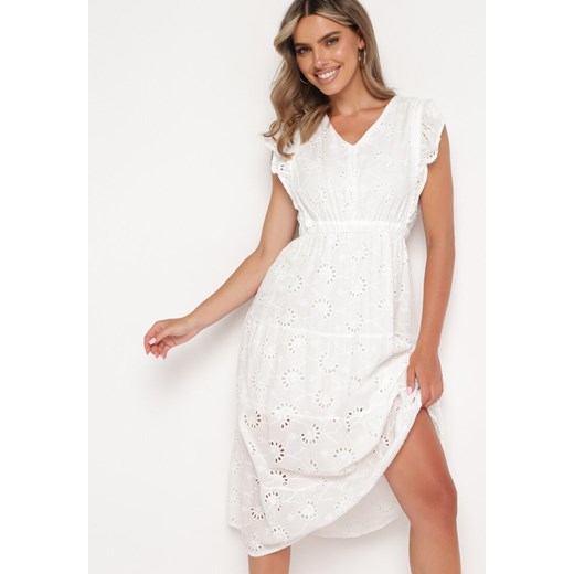 Biała Ażurowa Sukienka z Falbanką o Rozkloszowanym Kroju Lirvolia ze sklepu Born2be Odzież w kategorii Sukienki - zdjęcie 172635079