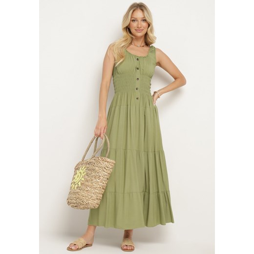Zielona Bawełniana Sukienka z Ozdobnymi Guzikami i Gumką w Talii Cravia ze sklepu Born2be Odzież w kategorii Sukienki - zdjęcie 172635308