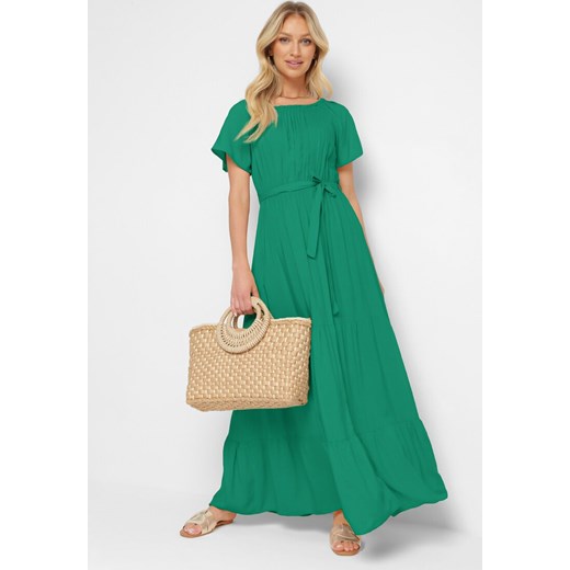 Zielona Sukienka Typu Hiszpanka z Gumką w Talii i Materiałowym Paskiem Tiamarae M okazyjna cena Born2be Odzież