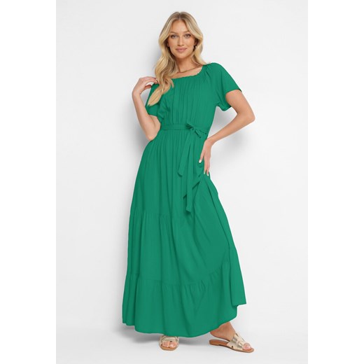 Zielona Sukienka Typu Hiszpanka z Gumką w Talii i Materiałowym Paskiem Tiamarae L Born2be Odzież wyprzedaż