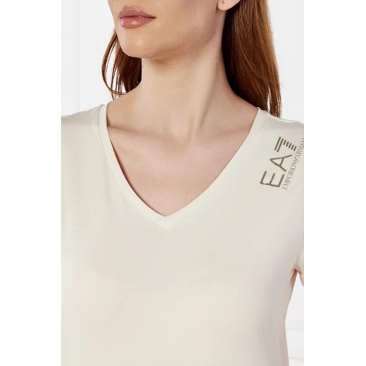 Emporio Armani bluzka damska beżowa z elastanu casualowa z krótkim rękawem z okrągłym dekoltem