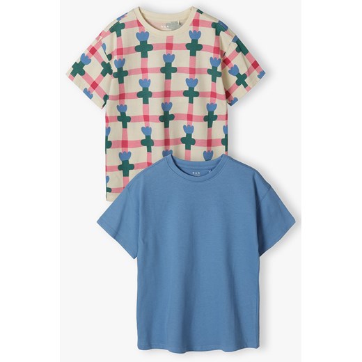 2pak kolorowych t-shirtów dla dziewczynki - niebieski i ecru w kwiatki - Limited Edition ze sklepu 5.10.15 w kategorii Bluzki dziewczęce - zdjęcie 172645206