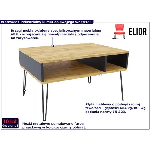 Industrialny stolik kawowy z metalowym stelażem dąb craft + czarny - Larkso 8X Elior One Size okazja Edinos.pl