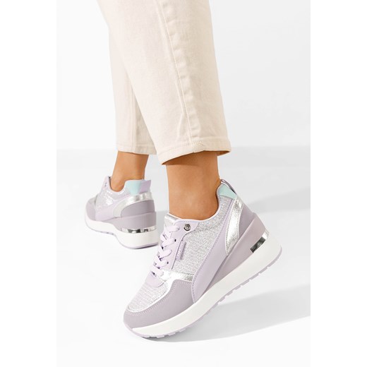 Buty sportowe damskie fioletowe Zapatos sneakersy na koturnie wiązane 