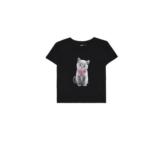 Cropp - Koszulka z nadrukiem kotka - czarny ze sklepu Cropp w kategorii Bluzki damskie - zdjęcie 172654226