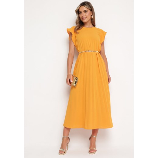 Pomarańczowa Plisowana Sukienka z Krótkim Rękawem Nlea ze sklepu Born2be Odzież w kategorii Sukienki - zdjęcie 172655728