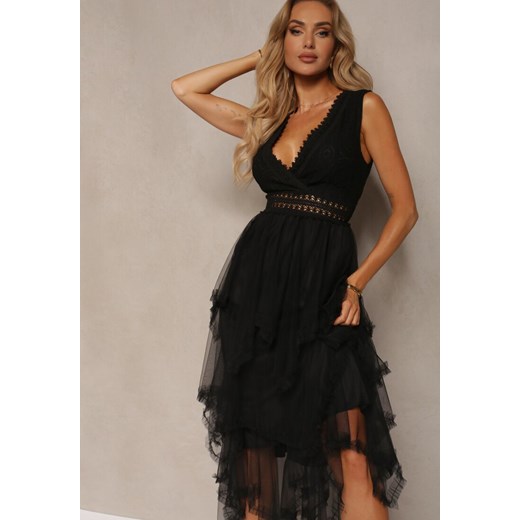 Czarna Asymetryczna Sukienka Kopertowa z Wiązaniem na Plecach Driolla Renee S Renee odzież promocyjna cena