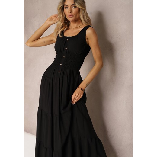Czarna Sukienka z Bawełny na Ramiączkach z Gumką w Talii i Guzikami Dunvia ze sklepu Renee odzież w kategorii Sukienki - zdjęcie 172657378