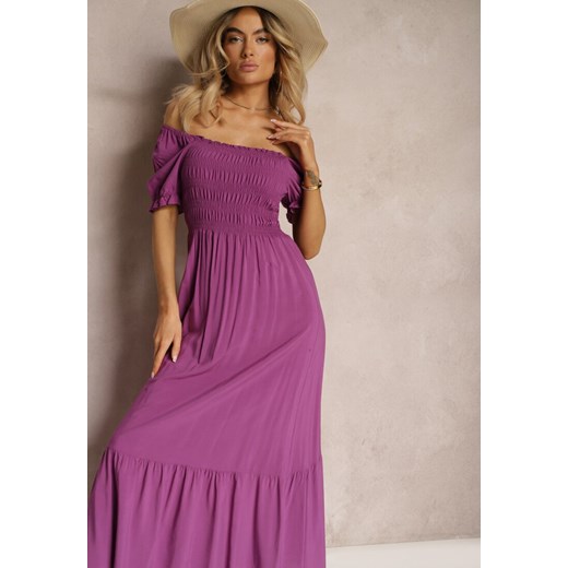 Fioletowa Rozkloszowana Sukienka z Bawełny Typu Hiszpanka z Marszczoną Górą Xilvia ze sklepu Renee odzież w kategorii Sukienki - zdjęcie 172657388