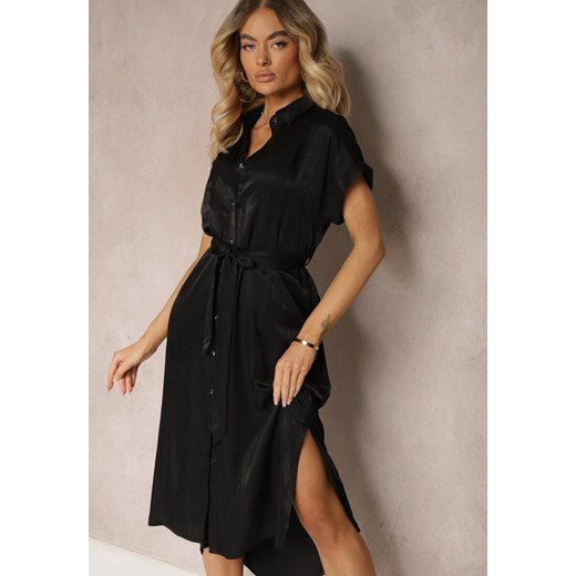 Czarna Koszulowa Sukienka z Rozcięciem Zapinana na Guziki Wiązana Materiałowym Renee M okazyjna cena Renee odzież