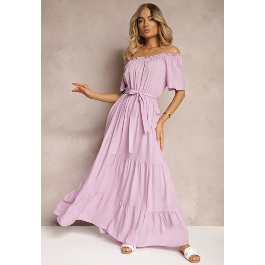 Jasnofioletowa Hiszpanka Sukienka z Gumką w Talii i Materiałowym Paskiem Renee L promocyjna cena Renee odzież