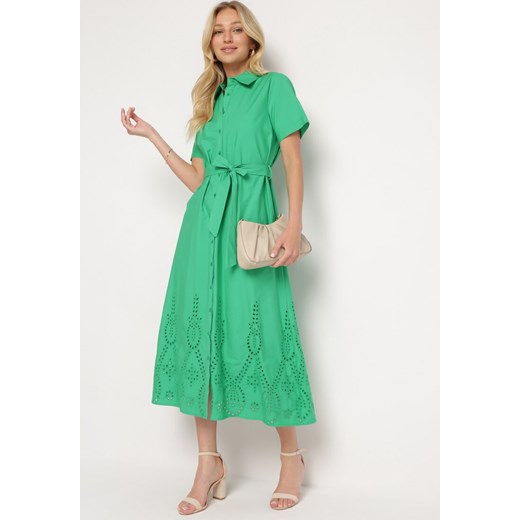 Zielona Ażurowa Sukienka z Bawełny Zapinana na Guziki z Materiałowym Paskiem M okazyjna cena Born2be Odzież