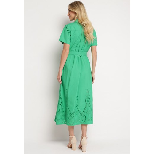 Zielona Ażurowa Sukienka z Bawełny Zapinana na Guziki z Materiałowym Paskiem M wyprzedaż Born2be Odzież