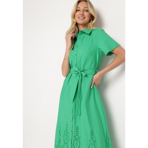 Zielona Ażurowa Sukienka z Bawełny Zapinana na Guziki z Materiałowym Paskiem M promocja Born2be Odzież