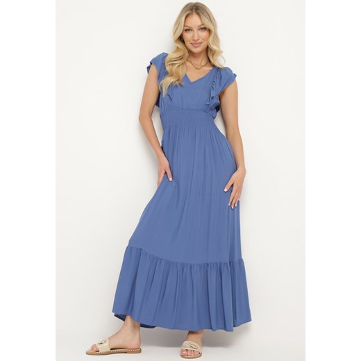 Niebieska Rozkloszowana Sukienka z Bawełny z Gumką w Talii i Falbankami Dimissa ze sklepu Born2be Odzież w kategorii Sukienki - zdjęcie 172659218