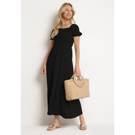 Czarna Rozkloszowana Sukienka z Bawełny z Gumką w Talii i Falbankami Dimissa ze sklepu Born2be Odzież w kategorii Sukienki - zdjęcie 172659225