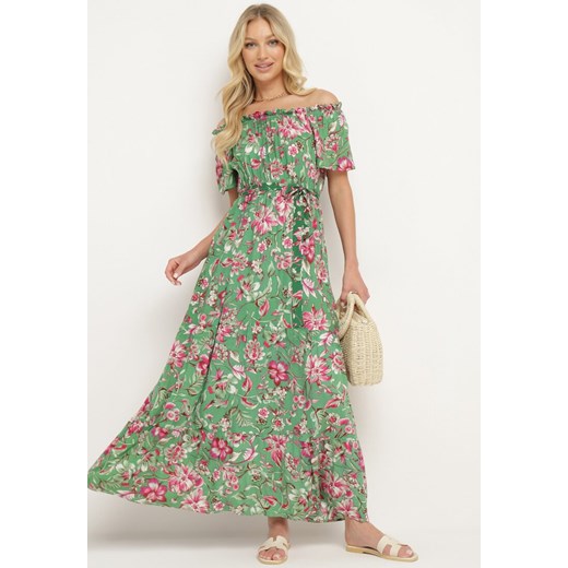 Zielona Sukienka z Hiszpańskim Dekoltem z Wiązanym Paskiem w Kwiaty z Bawełny Rissanique ze sklepu Born2be Odzież w kategorii Sukienki - zdjęcie 172660627