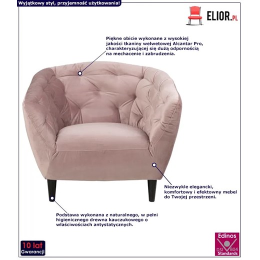 Welwetowy fotel kubełkowy różowy - Belmo Elior One Size okazja Edinos.pl