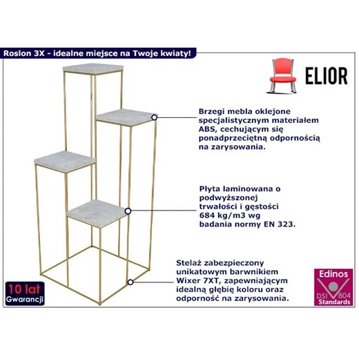 Metalowy stojak na kwiaty złoty + beton - Roslon 3X Elior One Size Edinos.pl