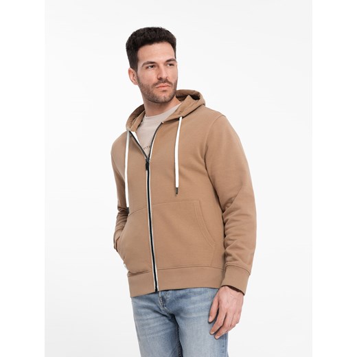 Bluza męska dresowa BASIC rozpinana z kapturem - brązowa V2 OM-SSBZ-0178 S ombre