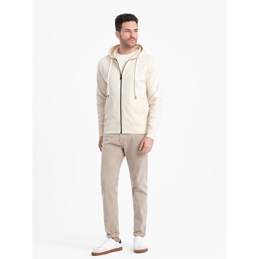 Męska bluza dresowa BASIC rozpinana z kapturem - kremowa V11 OM-SSBZ-0178 S ombre
