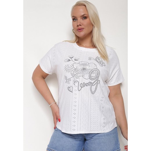 Biały Ażurowy T-shirt z Bawełną Ozdobiony Cyrkoniami Deviana ze sklepu Born2be Odzież w kategorii Bluzki damskie - zdjęcie 172998478
