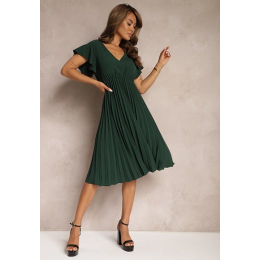 Zielona Rozkloszowana Sukienka z Plisami i Dekoltem w V Rissari ze sklepu Renee odzież w kategorii Sukienki - zdjęcie 173024059