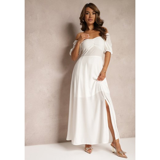 Biała Sukienka Wieczorowa z Hiszpańskim Dekoltem i Rozcięciem Vikiya ze sklepu Renee odzież w kategorii Sukienki - zdjęcie 173024305