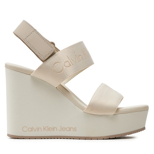 Sandały Calvin Klein Jeans Wedge Sandal Webbing In Mtl YW0YW01479 Écru ze sklepu eobuwie.pl w kategorii Sandały damskie - zdjęcie 173116136