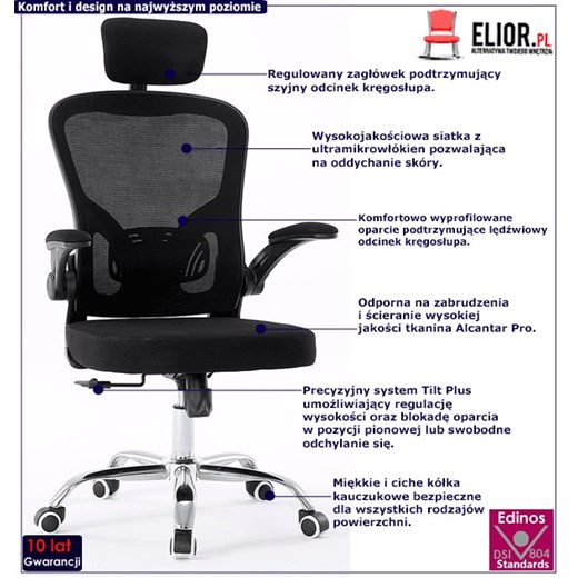 Czarny ergonomiczny fotel biurowy do komputera - Sefilo Elior One Size Edinos.pl