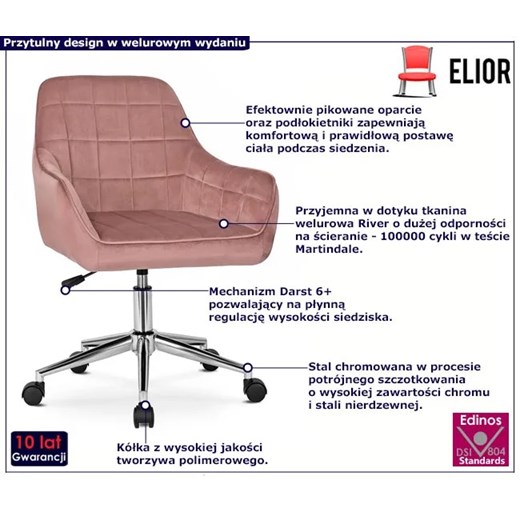 Różowy pikowany fotel obrotowy młodzieżowy - Ondo Elior One Size wyprzedaż Edinos.pl