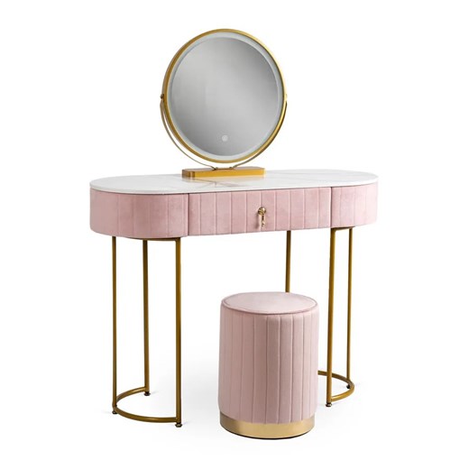 Różowa toaletka z pufą i lustrem glamour - Adorva 3X Elior One Size Edinos.pl