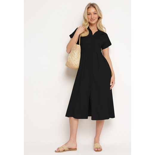 Czarna Koszulowa Sukienka z Lnem i Wiskozą Ircilla ze sklepu Born2be Odzież w kategorii Sukienki - zdjęcie 173123729
