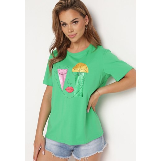 Zielony Bawełniany T-shirt z Krótkim Rękawem i Ozdobnym Nadrukiem Biolivia ze sklepu Born2be Odzież w kategorii Bluzki damskie - zdjęcie 173127115