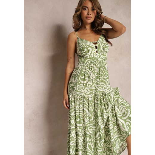 Zielona Rozkloszowana Sukienka z Wiskozą i Bawełną Wykończona Gumką w Talii i Falbanką Dimikka ze sklepu Renee odzież w kategorii Sukienki - zdjęcie 173129439